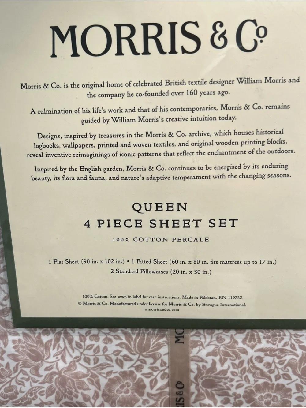 William MORRIS & CO. QUEEN Sheet Set Mallow 100% Cotton Percale 4pcs - NIP